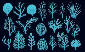 astratto di moda alga marina, forma estetico silhouette. impostato di blu elementi isolato su nero sfondo. vettore illustrazione.