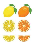 impostato di Limone fetta Limone frutta e foglia vettore illustrazione.