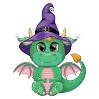 carino cartone animato verde Drago nel un' viola Magia cappello, Halloween. zucca, pozione, scopa. simbolo di 2024 secondo per il Cinese calendario vettore