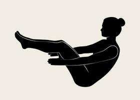 donna fare yoga, pilates. sottile ragazza fare yoga. mano disegnato nero silhouette vettore illustrazione. guerriero posa. Salute cura e stile di vita concetto. femmina yoga.