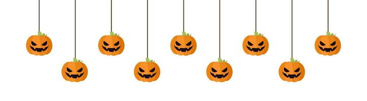 contento Halloween confine bandiera Jack o lanterna zucche sospeso a partire dal ragno ragnatele. spaventoso ornamenti decorazione vettore illustrazione, trucco o trattare festa invito