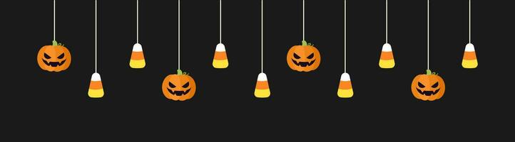 contento Halloween confine bandiera con caramella Mais e Jack o lanterna zucche sospeso a partire dal ragno ragnatele. spaventoso ornamenti decorazione vettore illustrazione, trucco o trattare festa invito