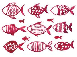 acquerello impostato con pesce. figli di semplice disegno rosso pesce su un' bianca sfondo. scarabocchio vettore