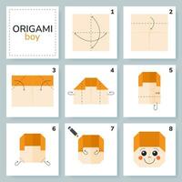 ragazzo origami schema lezione in movimento modello. origami per bambini. passo di passo Come per rendere un' carino origami umano. vettore illustrazione.