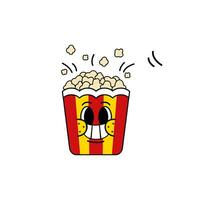 Popcorn cibo cartone animato personaggio vettore illustrazione con sorridente emoticon stile per etichetta, icona, logo, tatuaggio e pubblicità