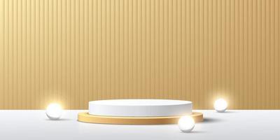 moderno piedistallo cilindrico bianco e oro con sfera a sfera al neon. scena minima astratta di colore dorato. sfondo trama strisce verticali. rendering vettoriale forma 3d, presentazione del display del prodotto.
