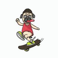 hipster pug dog skateboarding vettore