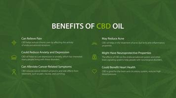 usi medici per l'olio di cbd, poster verde con i vantaggi dell'uso dell'olio di cbd. vettore