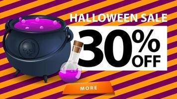 saldi di halloween, fino a 30 di sconto, banner sconto con trama di halloween, calderone della strega con pozione vettore