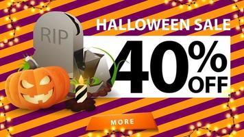 saldi di halloween, fino a 40 di sconto, banner sconto con trama di halloween, lapide e jack zucca vettore