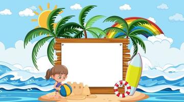 modello di banner vuoto con i bambini in vacanza sulla scena diurna della spiaggia vettore