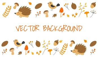 vettore sfondo con carino riccio, uccello, cono, ghianda, ramoscelli con frutti di bosco, funghi e le foglie nel cartone animato stile. autunno nel il foresta.