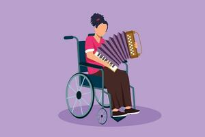 grafico piatto design disegno Disabilitato bellissimo donna nel sedia a rotelle giocando fisarmonica musica. classico musicale prestazione nel Ospedale. reinserimento centro paziente. cartone animato stile vettore illustrazione