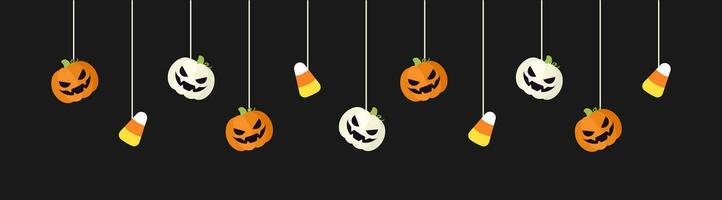 contento Halloween confine bandiera con caramella Mais e Jack o lanterna zucche sospeso a partire dal ragno ragnatele. spaventoso ornamenti decorazione vettore illustrazione, trucco o trattare festa invito