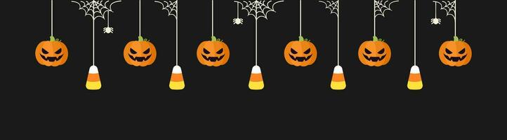contento Halloween confine bandiera con caramella Mais e Jack o lanterna zucche sospeso a partire dal ragno ragnatele. spaventoso ornamenti decorazione vettore illustrazione, trucco o trattare festa invito