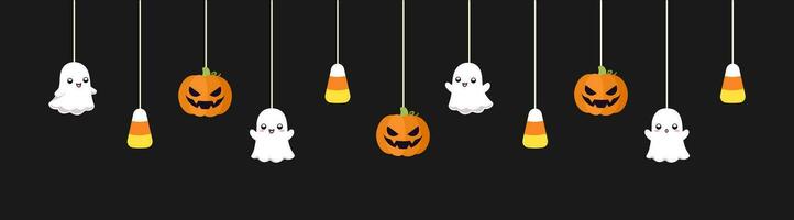 contento Halloween confine bandiera con fantasma, caramella Mais e Jack o lanterna zucche. sospeso spaventoso ornamenti decorazione vettore illustrazione, trucco o trattare festa invito
