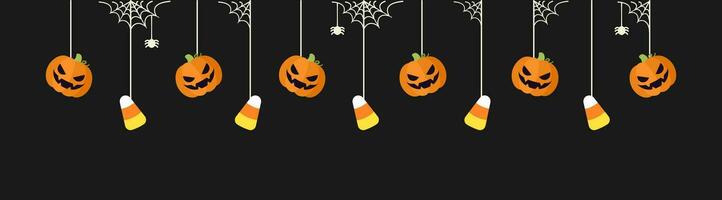 contento Halloween confine bandiera con caramella Mais e Jack o lanterna zucche sospeso a partire dal ragno ragnatele. spaventoso ornamenti decorazione vettore illustrazione, trucco o trattare festa invito