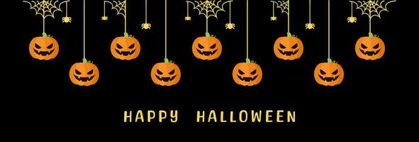 contento Halloween confine bandiera Jack o lanterna zucche sospeso a partire dal ragno ragnatele. spaventoso ornamenti decorazione vettore illustrazione, trucco o trattare festa invito