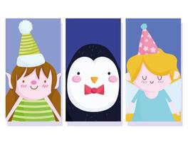 buon natale, simpatico angelo pinguino e banner aiutante femminile cartone animato vettore