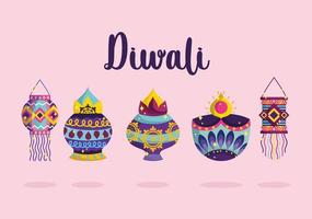 felice festa di diwali, luce celebrativa festiva con lampade diya e lanterne dettagliate vettore