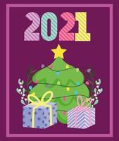 2021 felice anno nuovo, albero decorativo e carta di scatole regalo vettore