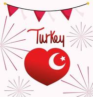 turchia festa della repubblica, bandiera nazionale a forma di cuore fuochi d'artificio carta gagliardetti vettore