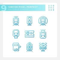 Ferrovia azienda pixel Perfetto pendenza lineare vettore icone impostare. treno trasporto. locomotiva ingegneria. magro linea contorno simbolo disegni fascio. isolato schema illustrazioni collezione