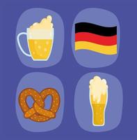 festival dell'oktoberfest, icone bandiera tedesca birre e pretzel, celebrazione tradizionale vettore