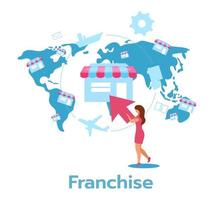 illustrazione vettoriale piatto franchising. distribuzione di prodotti e servizi. produttore, distributore, rivenditore. modello di business. catena di negozi. personaggio dei cartoni animati isolato su sfondo bianco