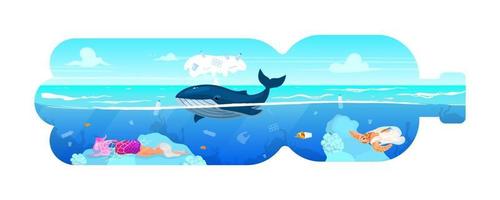 balena e rifiuti in bottiglia di plastica silhouette piatto concetto icona. inquinamento ambientale. animale marino e spazzatura nell'autoadesivo dell'acqua di mare, clipart. illustrazione di cartone animato isolato su sfondo bianco vettore