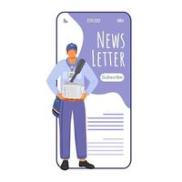 schermata dell'app vettoriale dello smartphone del fumetto della newsletter. leggere i giornali online. ricevere notifiche. display per telefoni cellulari con mockup di design a carattere piatto. interfaccia carina del telefono dell'applicazione