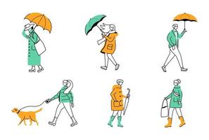 persone con ombrelli set di illustrazioni vettoriali contorno piatto. camminare umani caucasici isolato personaggio dei cartoni animati su sfondo bianco. giorno di pioggia. uomini e donne in impermeabili semplici disegni