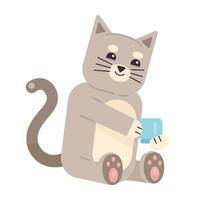 carino gatto Tenere caffè tazza semi piatto colore vettore carattere. contento gattino potabile tè. modificabile pieno corpo animale su bianca. semplice cartone animato individuare illustrazione per ragnatela grafico design