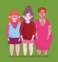 gruppo femminile perfettamente imperfetto, cartone animato con vitiligine, lentiggini, pelle problematica