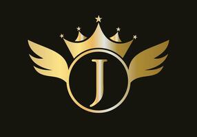 lettera j ala logo concetto con corona icona vettore modello. ala simbolo