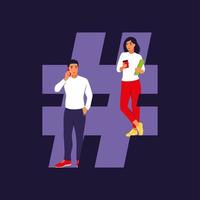 hashtag e concetto di social media. giovani con simbolo hashtag. illustrazione vettoriale. appartamento isolato. vettore