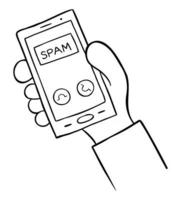 fumetto illustrazione vettoriale di uomo che tiene smartphone e chiamata spam