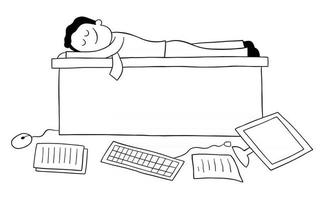 l'uomo del fumetto ha gettato il computer e le carte sul pavimento e sta dormendo sulla scrivania illustrazione vettoriale vector