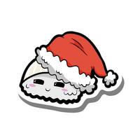 carino cartone animato calamaro Sushi Sorridi con Natale rosso cappello su bianca silhouette e grigio ombra. vettore illustrazione di vacanza.