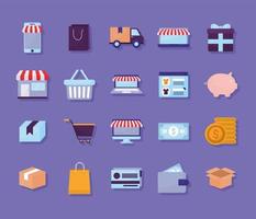pacchetto di icone del negozio online su uno sfondo viola vettore