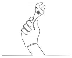disegno a tratteggio continuo di una mano che tiene un'illustrazione vettoriale di una chiave da costruzione