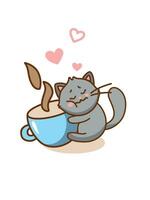 carino gatto abbracciare caffè tazza. carino etichetta con gatto. vettore. vettore