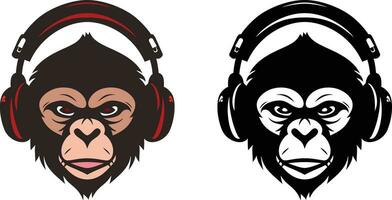 scimmia testa indossare cuffie semplice vettore illustrazione, scimmia indossare cuffia , auricolari nero e bianca logo modello azione vettore Immagine