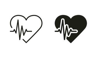 umano cuore battere pittogramma impostare. salutare polso, battito cardiaco ritmo linea e silhouette icone. emergenza cardiaco diagnosi simbolo collezione su bianca sfondo. isolato vettore illustrazione.