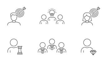 attività commerciale bersaglio e comando linea icona impostare. oggetto orientati e strategico persone lineare pittogramma. efficienza brainstorming schema simbolo. lavoro di squadra cartello. modificabile ictus. isolato vettore illustrazione.