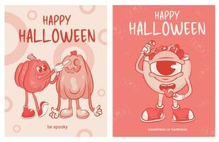 impostato di cartoline nel retrò stile zucche, un' ciotola di dolci. Halloween carte. rosso e bianca, cartone animato stile, Groovy stile. retrò stile. vettore illustrazione