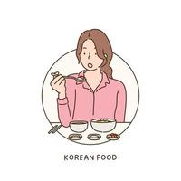 una donna sta mangiando cibo coreano. illustrazioni di disegno vettoriale stile disegnato a mano.