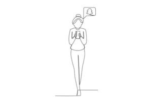 singolo continuo linea disegno di un' donne chi uso utilizzando Snapchat sociale media mentre a piedi vettore