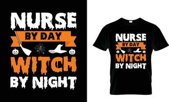 infermiera di giorno strega di notte Halloween citazione su bianca sfondo con scopa, pipistrelli e strega cappello. bene per maglietta, tazza, rottame prenotazione vettore