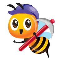 cartone animato carino ape operaia che indossa un berretto di sicurezza viola e tiene in mano uno strumento per zappare vettore